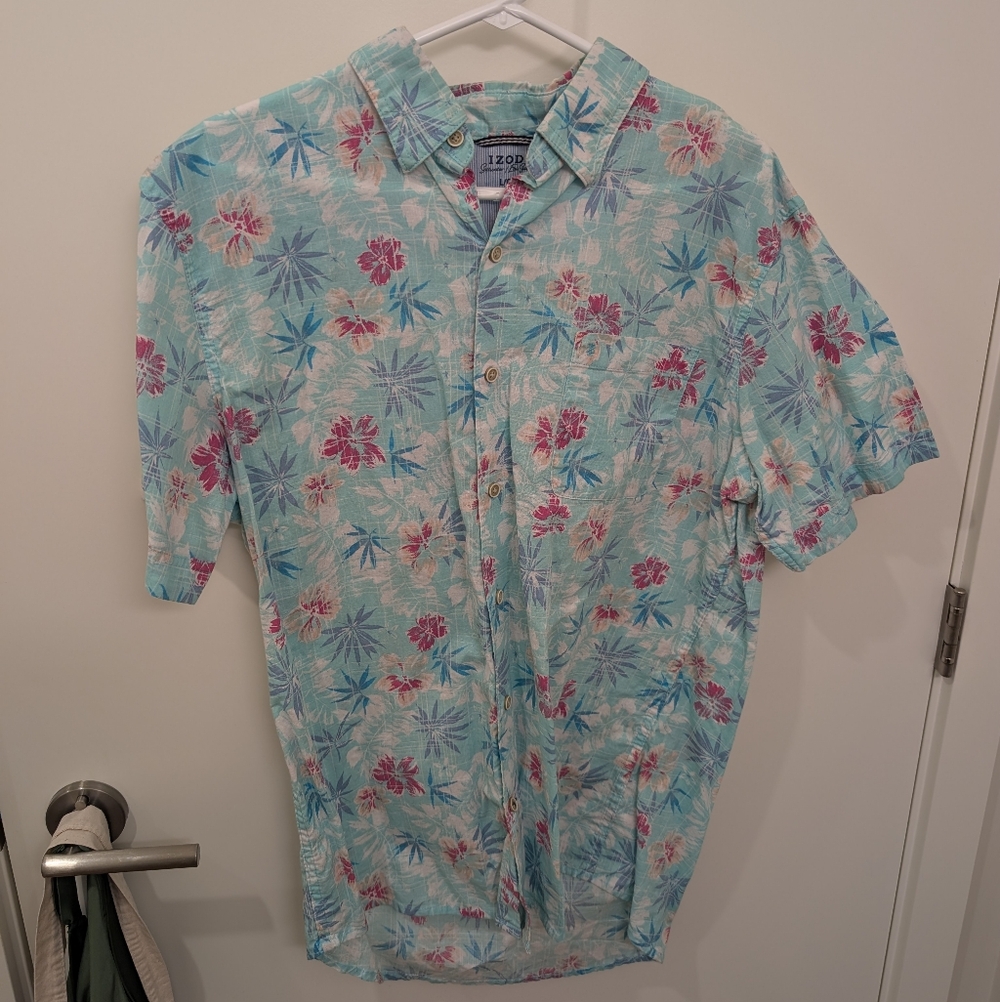 Izod Men's Tropical Floral Shirt - Blue and Pink